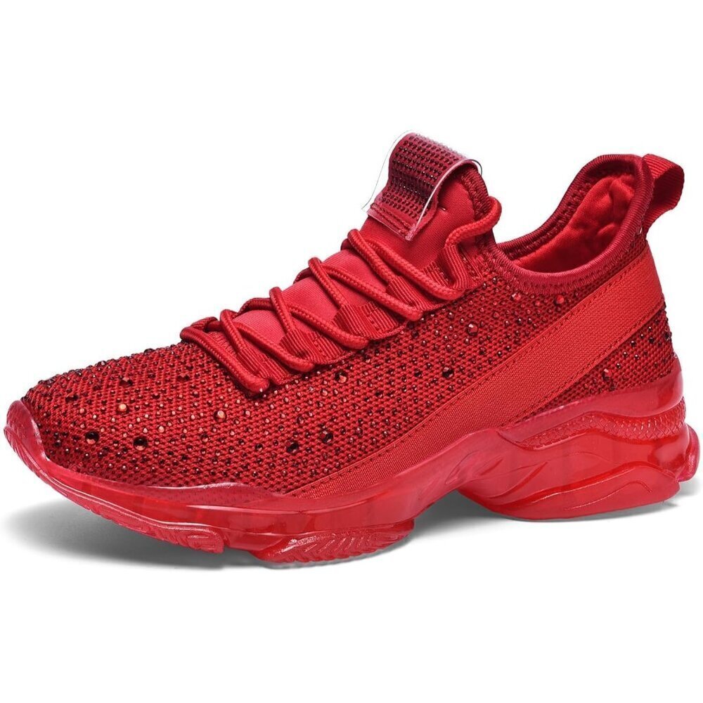 🆕 Red Rhinestone Mesh Slip-On Walking Shoes Fashion Glitter Breathable Sneaker